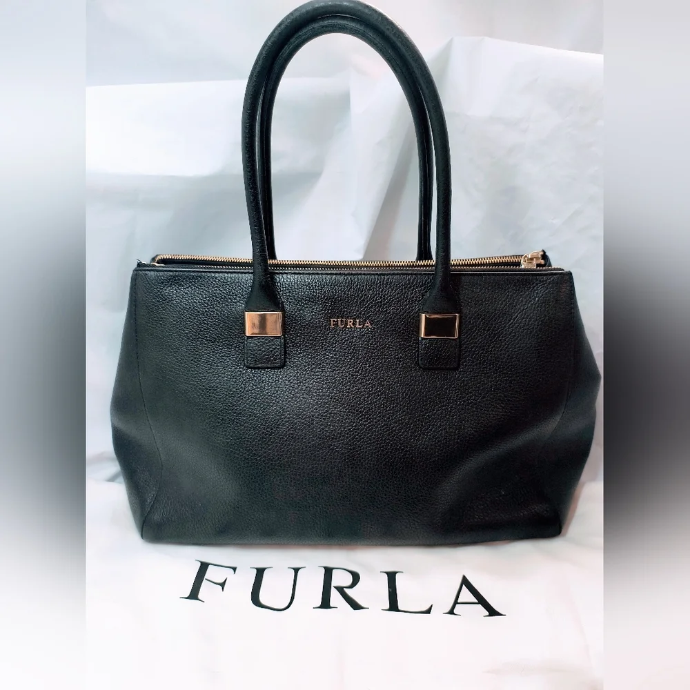 FURLA Black Leather Women's Tote / Top Handle Satchel with Gold-toned Hardware